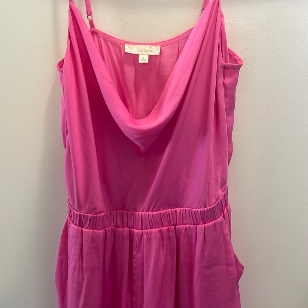 Hot Pink Satin Romper, pockets, adjustable straps, gently used